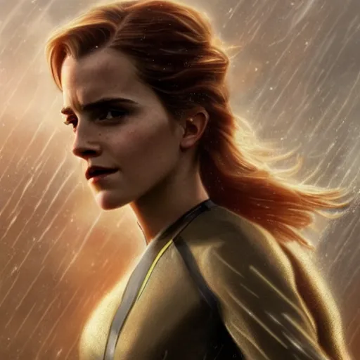 Image similar to a highly detailed matte portrait of emma watson dressed as seven of nine running through a thunderstorm, scifi by star trek, unreal engine, volumetric lighting, exquisite detail, 8 k, art by greg rutkowski and alphonse mucha