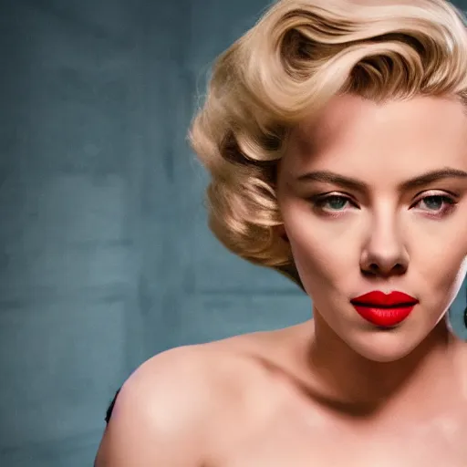 Image similar to stunning awe inspiring scarlett johansen as marilyn monroe, movie still 8 k hdr atmospheric lighting