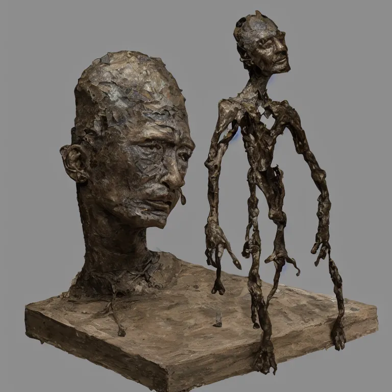 Prompt: hyperrealistic sculpture of a fossilized bronze male uyghur prisoner in a cage made of low poly acrylic on a pedestal by giacometti and lee bontecou, hyperrealistic dramatic colored lighting trending on artstation 8 k