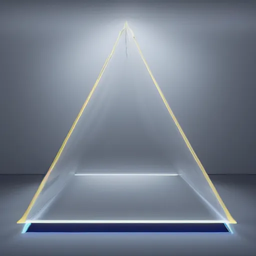 Image similar to an ultra high definition professional studio quality photograph of a transparent iridescent perspex pastel coloured tent on a white plinth in an empty white room. dramatic lighting, ray tracing, refraction, shallow d. o. f, colour corrected, golden ratio, three point light. volumetric shadows. god rays.