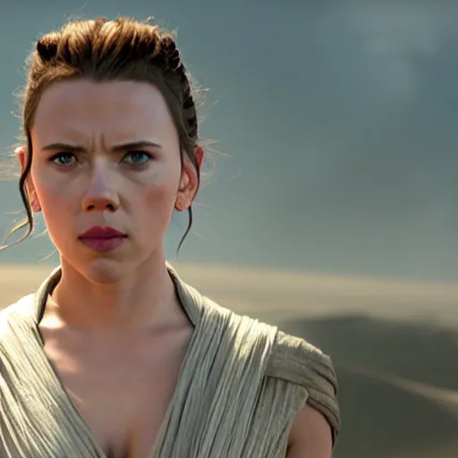 Prompt: A still of Scarlett Johansson as Rey in Star Wars: The Force Awakens (2015)