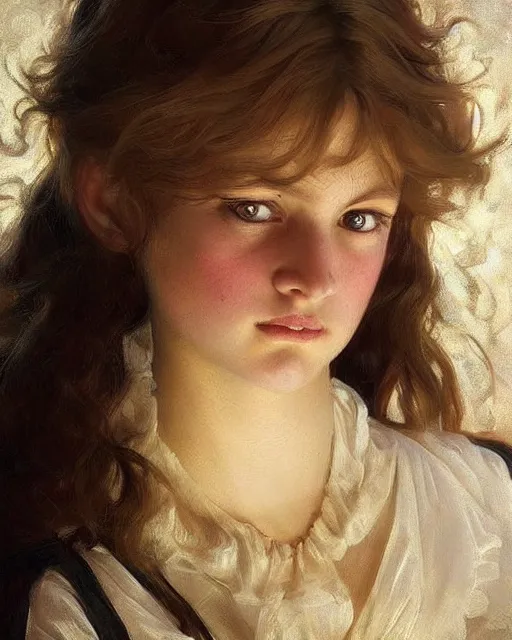 Image similar to a girl, faces expressing concern, oil on canvas, artstation, by j. c. leyendecker and edmund blair leighton and charlie bowater, beautiful face, octane, very aesthetic!!!!!!!!!!!!!!! stunning gorgeous big eyes