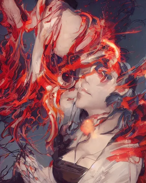 Image similar to red eyed anime girl, flames everywhere, highly detailed, digital painting, artstation, concept art, smooth, sharp focus, illustration, art by artgerm and greg rutkowski and alphonse mucha