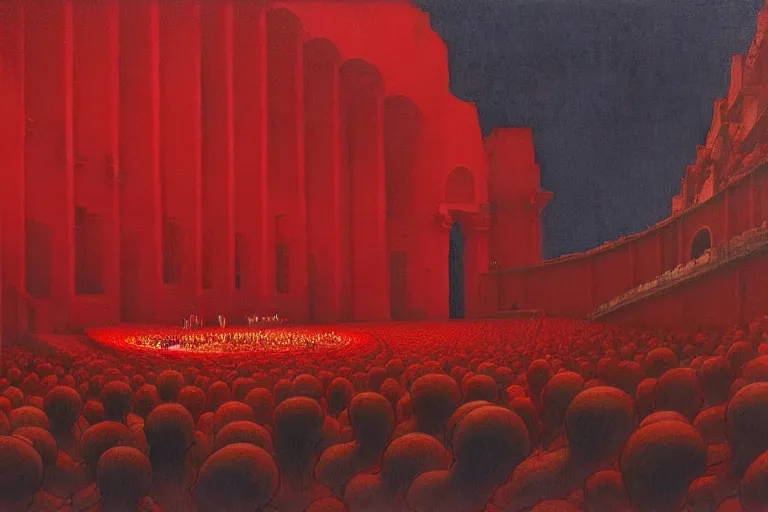 Image similar to only with red, a red great emperor, taormina amphitheatre, crowd with big smile, in the style of beksinski, parts by edward hopper, parts by rodcenko, parts by yue minjun, intricate and epic composition, red by caravaggio, insanely quality, highly detailed, masterpiece, red light, artstation, 4 k