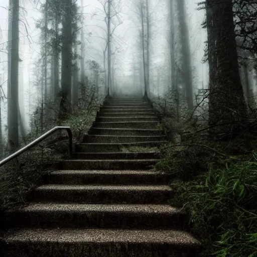 Prompt: creepy stairs in middle of forest, stairs leading to nowhere!, dark foggy misty colors!, dark forest from evil realm