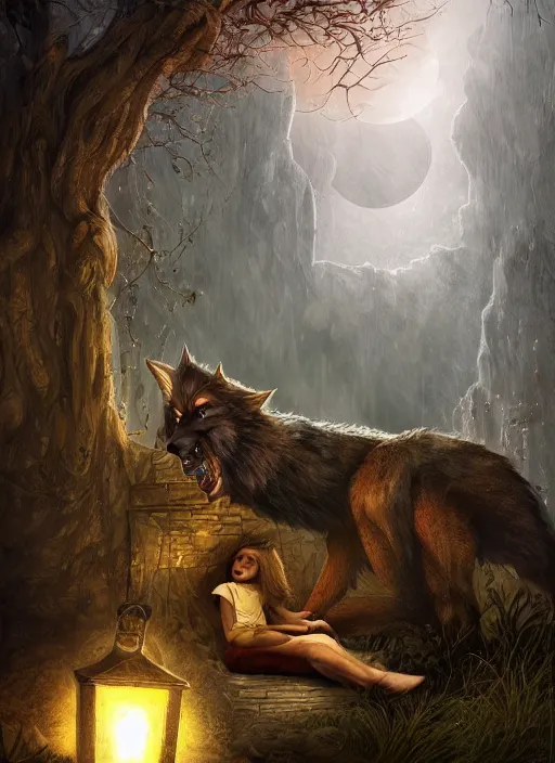 Image similar to a werewolf at night sitting next to a human child, fantasy art, matte painting, highly detailed