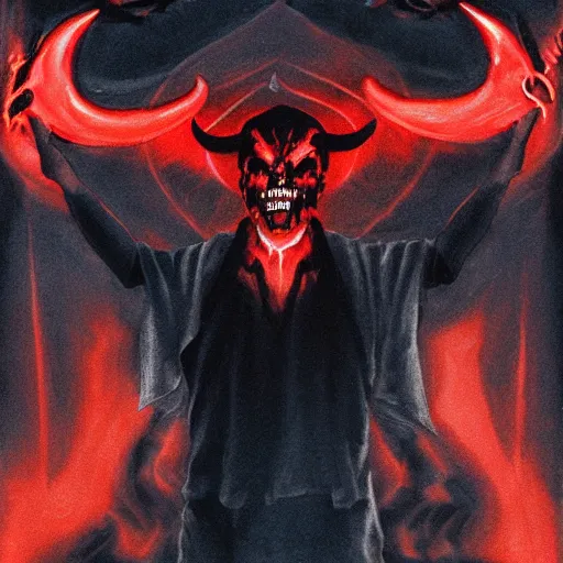 Image similar to the _ devil _ holding _ a _ skull _ red _ horns _ ominous _ fiery _ background _ symmetrical _ detailed _ face _ despair _ highly _ detailed _ high _ resolution _ sandro _ botticel