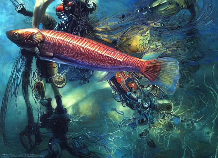 Prompt: electronic glowing pike fish, cybernetic, glowing veins subsurface scattering, underwater photography, by gerald brom, by mikhail vrubel, by peter elson, muted colors, extreme detail, trending on artstation, 8 k