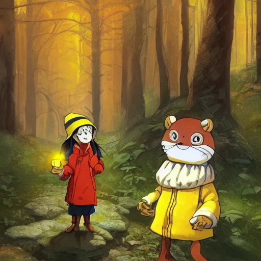 Image similar to concept art painting of an anthropomorphic luffy chipmunk wearing a yellow cloak, holding a lantern, in the deep forest, realistic, detailed, cel shaded, in the style of by isaac asimov and marc simonetti and makoto shinkai and greg rutkowski and james gurney