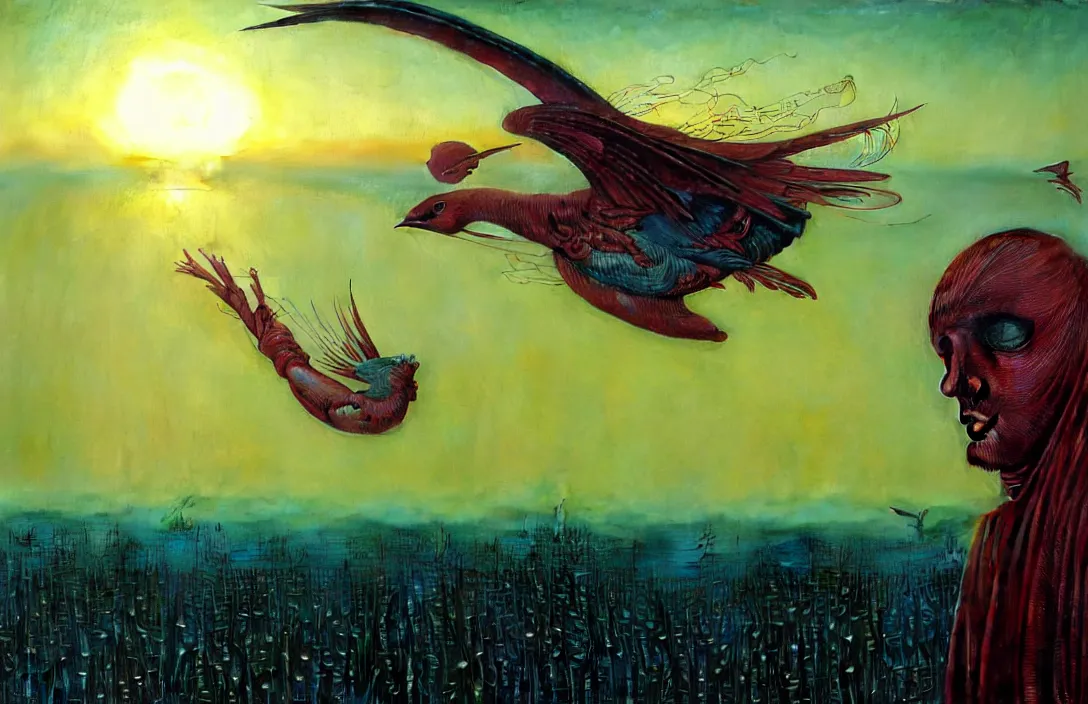 Image similar to realistic detailed portrait movie shot of a birdman flying in dark ragged robes, futuristic city sunset landscape background by denis villeneuve, amano, yves tanguy, alphonse mucha, ernst haeckel, max ernst, wayne barlowe, masterpiece, rich moody colours, bird head, blue eyes, hyperdetailed