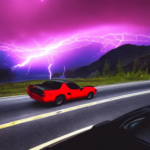 Image similar to nightmarish creatures rushing towards car, black pontiac firebird trans - am driving towards the camera, norway mountains, red glow in sky, valley, large lake, dynamic, cinematic, motionblur, volumetric lighting, wide shot, low angle, large lightning storm, thunder storm