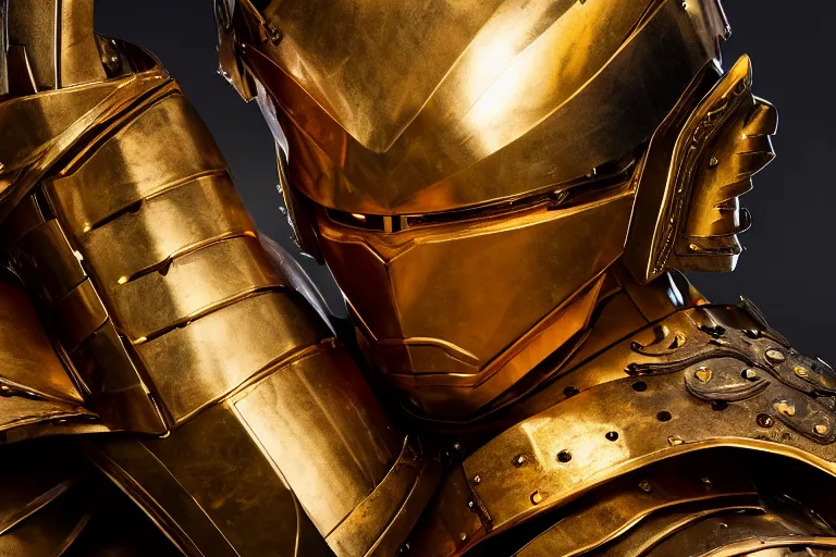Image similar to a cinematic studio headshot portrait of a middle aged asian man wearing gold plated armour, orange color theme, dramatic lighting, back light, hair light, rim light, 4 k, ultra realistic, by annie leibovitz