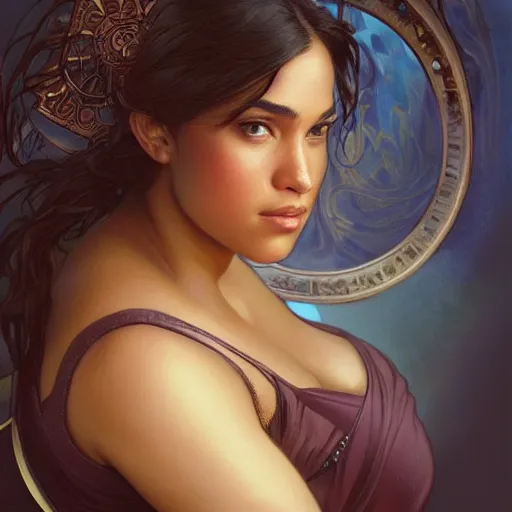 Image similar to portrait of a beautiful thick female, alexandria ocasio-cortez face, D&D, fantasy, intricate, elegant, highly detailed, digital painting, artstation, concept art, smooth, sharp focus, illustration, art by artgerm and greg rutkowski and alphonse mucha