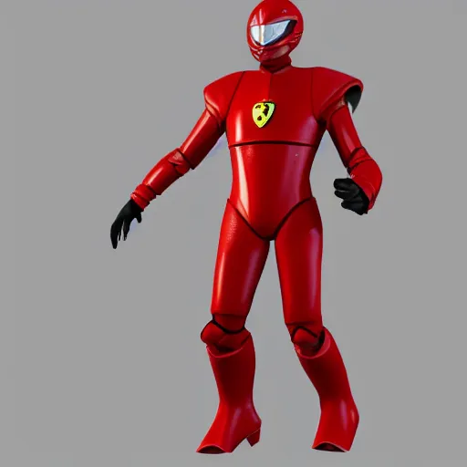 Image similar to Tokusatsu character based on Ferrari, red mechanical skinny body, chest plate with Ferrari logo, stylized motorcycle helmet, full body, unreal engine, 3D model