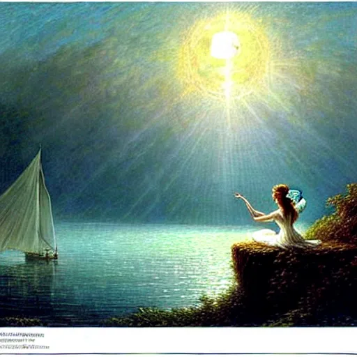 Image similar to an elegant fairy queen in a blue lace dress dancing looking out at a lord of the rings scenery landscape, staring across the sea at a white timber sail boat, sunrise, god's rays highly detailed, vivid colour, soft clouds, full moon, cinematic lighting, perfect composition, gustave dore, derek zabrocki, greg rutkowski, belsinski