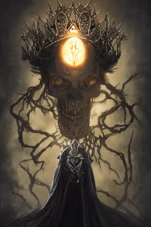 Prompt: centered portrait of the Shadow King wearing a crown formed out of shadows, cape, skull mask, realistic character concept, high fantasy, gothic, dark atmosphere, malice, black wisps, medium shot, symmetrical face, golden ratio, cinematic lighting, hyperdetailed, high resolution, insanely detailed and intricate, artstation, Marc Simonetti, Greg Rutkowski, octane render, 8k