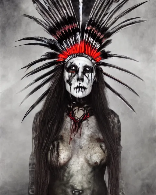 Image similar to the ghost - spirit of the grim - warpaint wears the scarlet skull armor and native blood headdress feathers, midnight fog - mist!, dark oil painting colors, realism, cinematic lighting, various refining methods, micro macro autofocus, ultra definition, award winning photo, photograph by giger and gammell