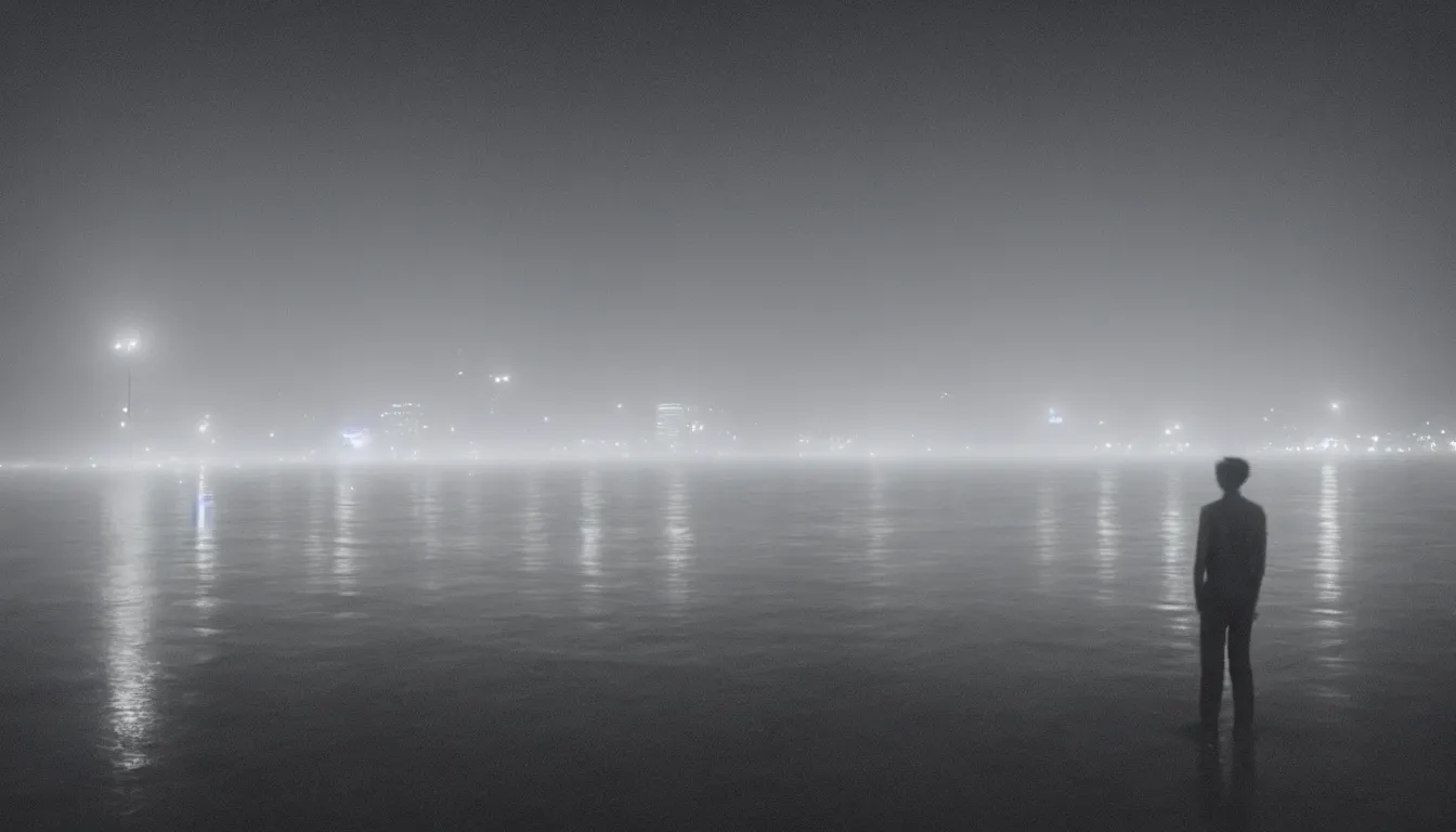 Image similar to 80s asian neon movie still with a lone man levitating over a pier by the river on early morning with city lights behind his back, Fog raising from river, Fallen angels movie still. hyperrealistic, photorealistic, high definition, medium format photography, highly detailed, tehnicolor, anamorphic 50mm lens