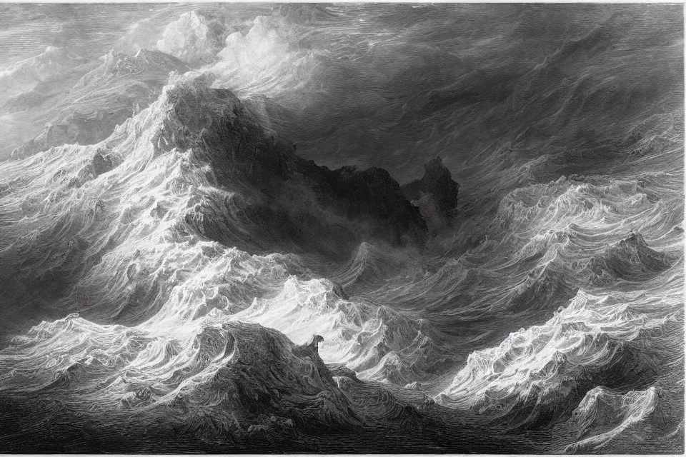 Image similar to the deluge, an engraving of a stormy sea beating against rocks by gustave dore