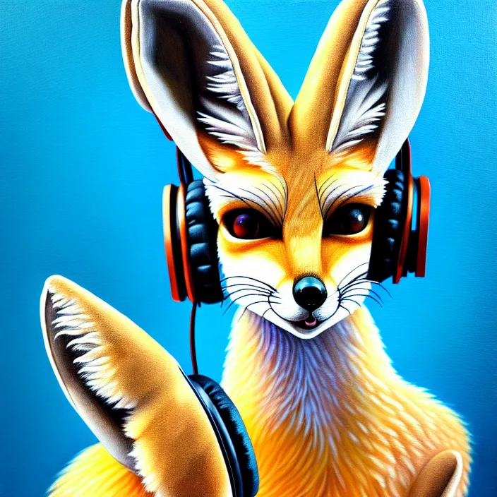 Image similar to a photorealistic painting of an anthropomorphic fennec fox wearing headphones, laptop, oil on canvas, furry, soft lighting