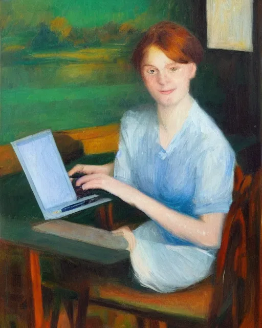 Image similar to an impressionist oil portrait of a young teacher of computer science with a computer, colorful, high resolution