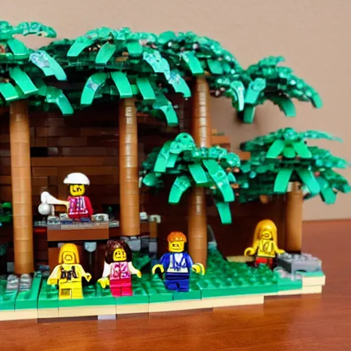 Image similar to lego minifig diorama tropical island palm trees pirates vines monkeys treasure chest god rays