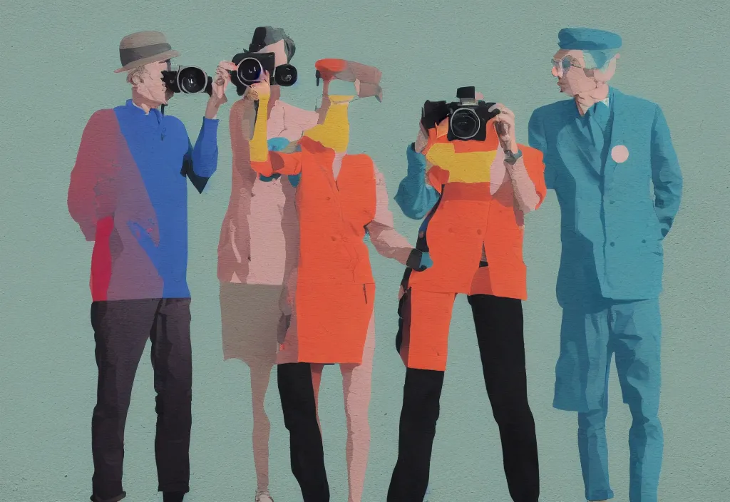 Image similar to full body portrait of a trio of european tourists with nikon cameras, character designs painting, in the style of wes anderson, rene magritte, lola dupre, david hockney, isolated on white background, dark monochrome neon spraypaint accents volumetric octane render