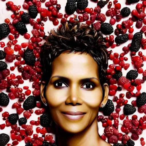 Image similar to a portrait of of halle berry constructed from berries, collage, drop shadow, organic, layered composition, layers, texture, mcu, petals, highly textured, layered, sculpted, dynamic,