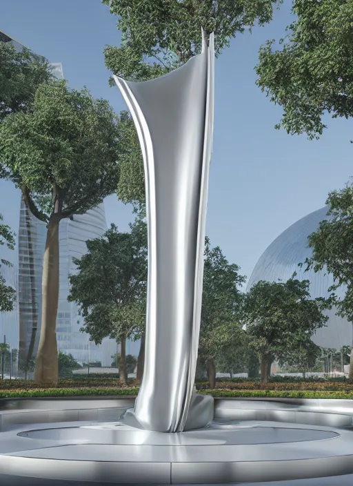 Image similar to highly detailed realistic architecture 3 d render of a huge high futuristic metallic stele sculpture in zaha hadid style standing in city park, archdaily, made in unreal engine 4 octane render