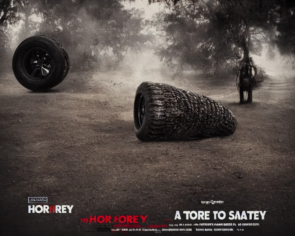 Prompt: a horror movie poster featuring a tire in a smokey desert