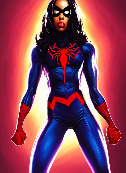 Image similar to full body portrait of marvel cinematic universe aaliyah haughton, spider woman, spider man, elegant, webs, super hero, highly detailed!! digital painting, artstation, glamor pose, concept art, sharp focus, illustration, art by artgerm and greg rutkowski, artey freytag