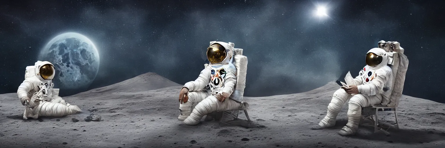 Image similar to A highly photographic render of astronaut on the Moon, sitting on a concrete bench reading a book, rim lighting, cinematic lighting, octane engine, photo realistic image, 4K, super detailed, cinematic look, full resolution