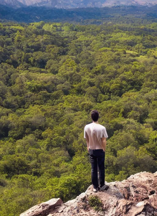 Image similar to a man standing on a viewpoint looking out over a beautiful landscape where new and exciting adventure and potential await