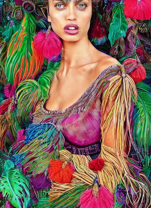 Image similar to beautiful portrait of Irina Shayk wearing fantastic Hand-dyed cotton dress,embellished beaded feather decorative fringe knots ,colorful pigtail,subtropical flowers and plants,symmetrical face,intricate,elegant,highly detailed,8k,digital painting,trending on pinterest,GUCCI,PRADA,harper's bazaar,concept art, sharp focus, illustration,golden ratio,by artgerm,Tom Bagshaw,Lawrence Alma-Tadema,greg rutkowski