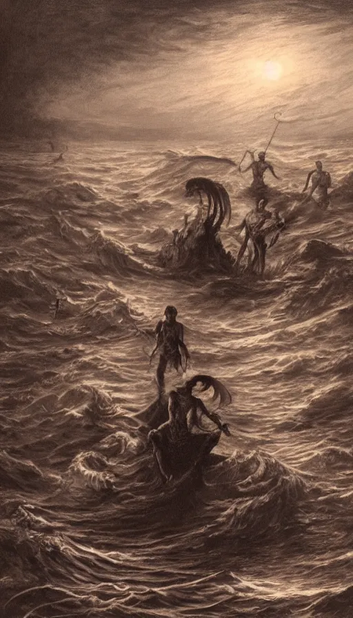 Prompt: man on boat crossing a body of water in hell with creatures in the water, sea of souls, by h. p. lovecraft