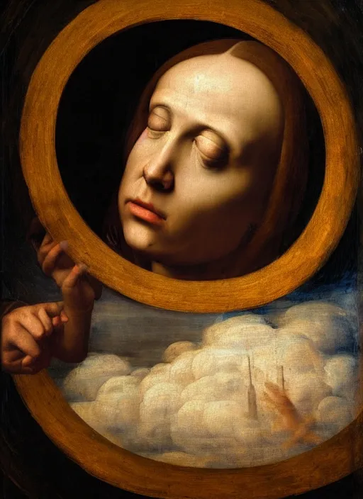 Prompt: renaissance painting of a weeping face enclosed in a circular cloud, painted by raffaello