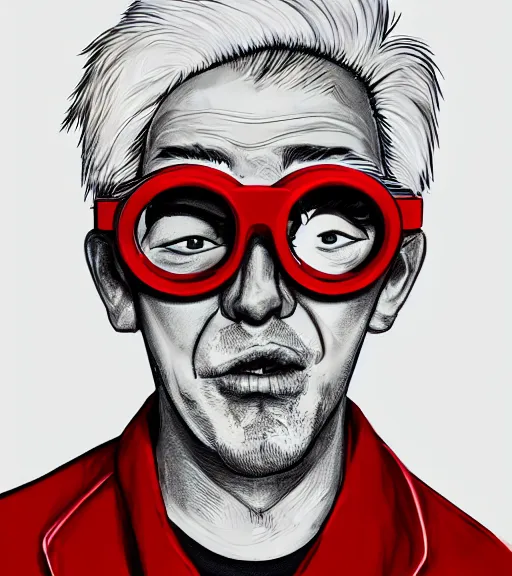 Image similar to young man in red jacket and white shirt, white hair, round goggles, smoking cigarette, character portrait, sharp focus, illustration, high detailed