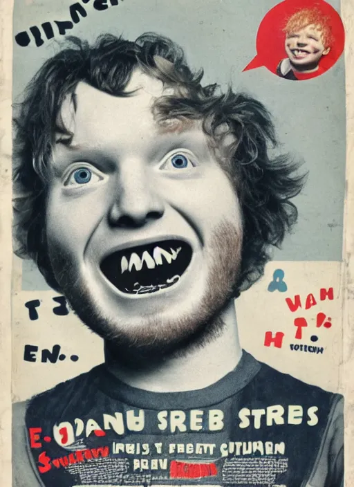 Image similar to creepy Ed Sheeran with a scary comically large smile, 1940s scare tactic propaganda art