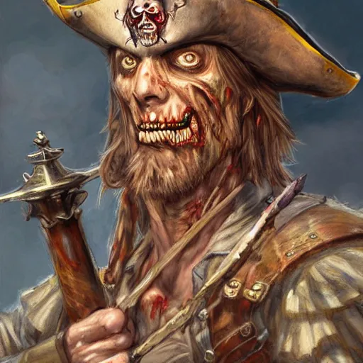 Image similar to Zombie pirate Captain wielding a sandstone rapier and sandstone dagger. Wearing a hat with an impressive feather and with a brutal scar across his neck, fantasy D&D character, portrait art by Donato Giancola and Bayard Wu, digital art, trending on artstation, 4k