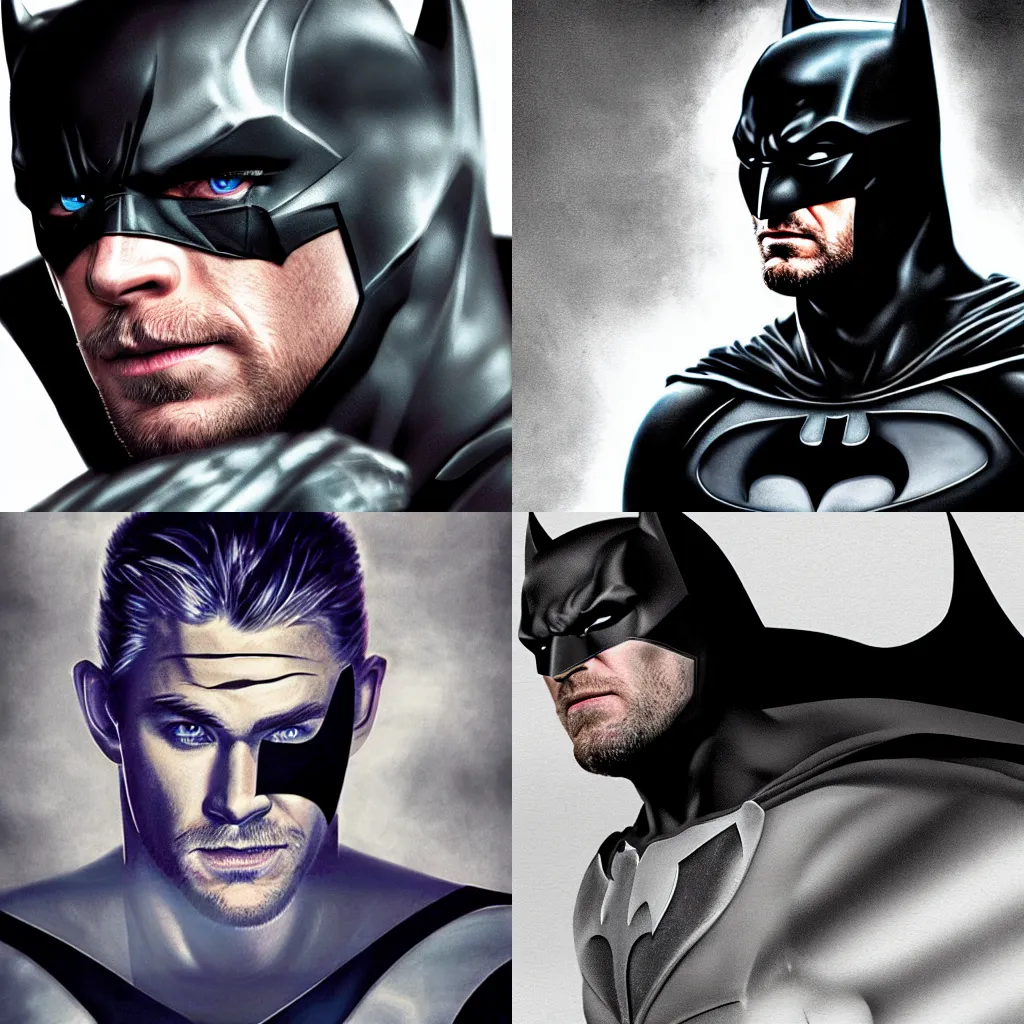 Prompt: Dramatic portrait photo of Chris Hemsworth as Batman, dramatic lighting, digital painting, concept art, sharp focus, cinematic