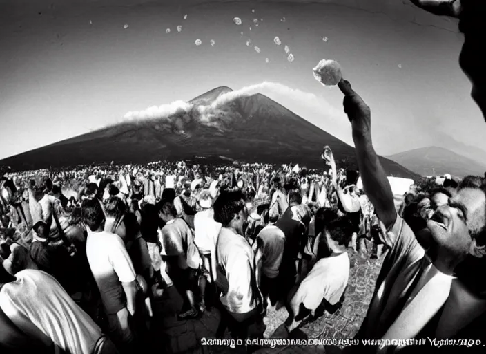 Image similar to old photo of greeks wich drink wine and have fun against the backdrop of mount vesuvius starting to erupt, photo by sebastian salgado, fisheye 4, 5 mm, diffused backlight