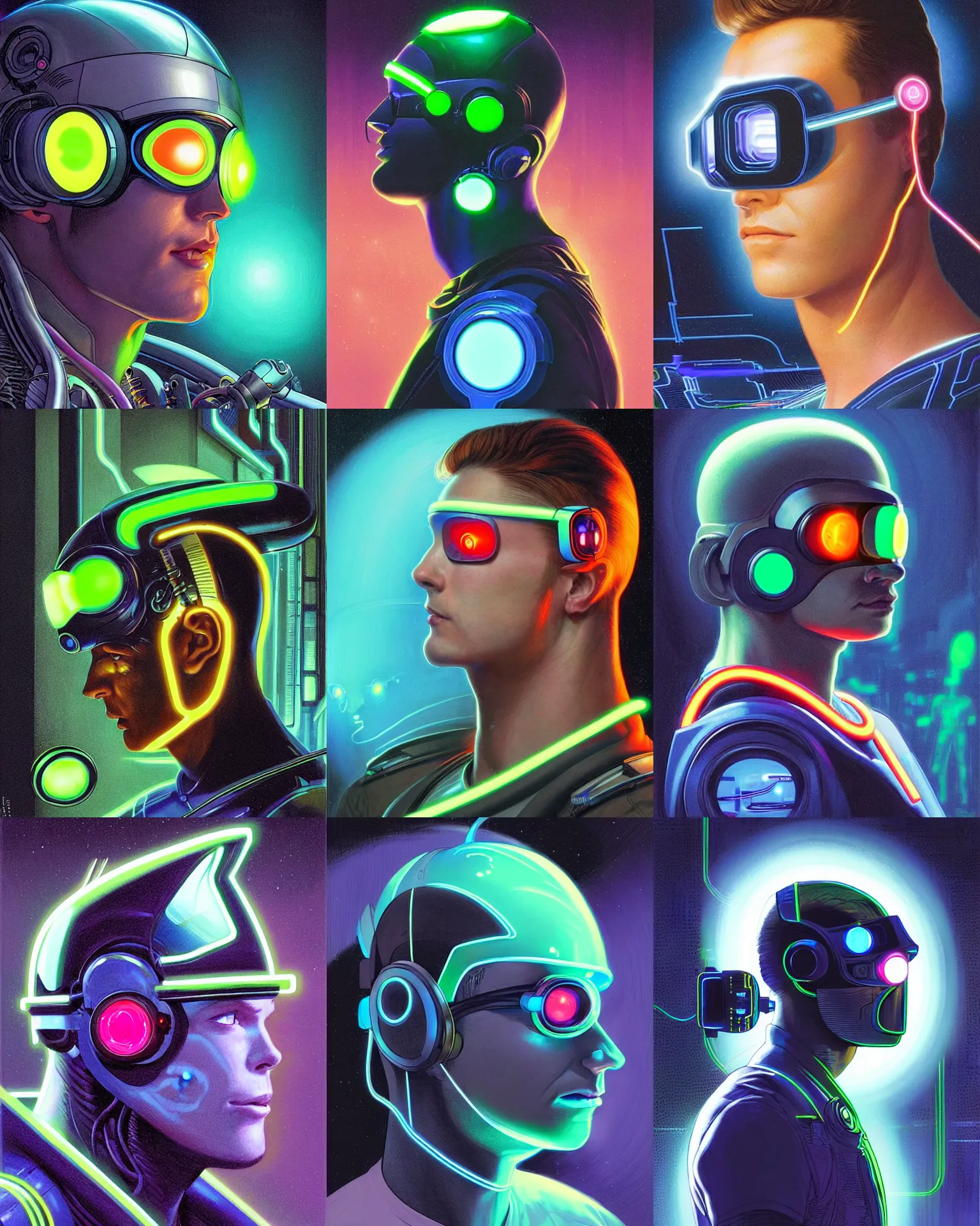 Prompt: sillouete side view future coder man, sleek cyclops display over eyes and glowing headset, neon accents, holographic colors, desaturated headshot portrait digital painting by philip coles, ivan bilibin, dean cornwall, donato giancola, john berkey, astronaut cyberpunk electric lights profile