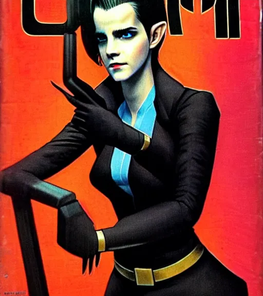 Image similar to a cyberpunk very ugly mafia boss in a suit with slicked back black hair played by emma watson as an elf, 1 9 7 9 omni magazine cover, style by vincent di fate, artgerm, very coherent, detailed, 4 k resolution, bright, unreal engine, daz