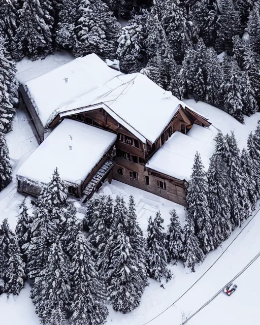 Image similar to hidden mansion in the alps with snow covered roof set on fire, zoomed out, shot from drone, iphone capture