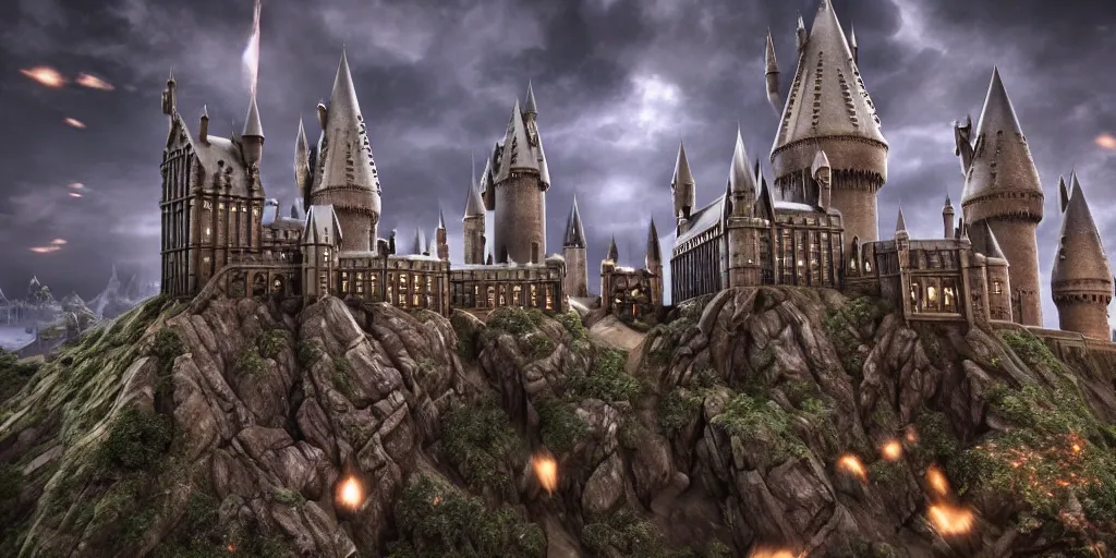 Image similar to hogwarts under attack, hiperrealism, insanely detailed and intricate, fantasy environment cinematic lighting ultra - wide angle lens