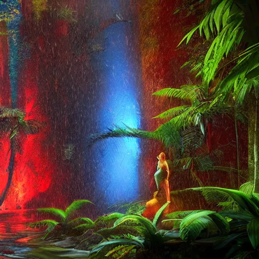 Image similar to dragon red & blue in a rain forest, dramatic lighting, uhd 4 k, artstation, hdr, award - winning, trending