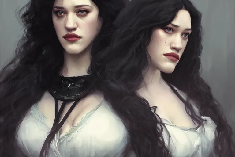 Prompt: A portrait of a Kat Dennings as Yennefer from the Witcher Games by Ruan Jia and Mandy Jurgens and Artgerm and william-adolphe bouguerea, highly detailed, trending on artstation, award winning, H 768