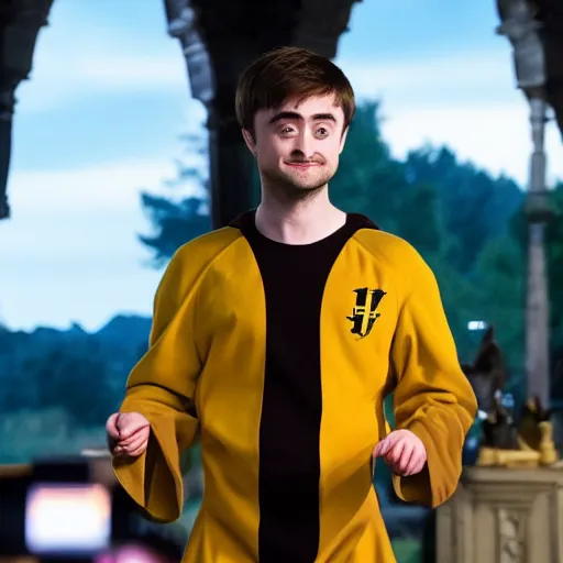 Image similar to daniel radcliffe wearing a banana costume, ultra details, photo, 8 k