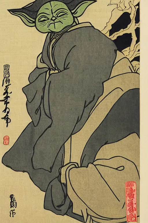 Prompt: Japanese woodblock print of Yoda, Hokusai