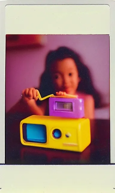 Prompt: colorful chromatic abberation, 9 0 s toy commercial, photo from the 7 0 s, polaroid photo,